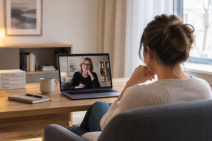 Psychoterapia online – pacjentka podczas rozmowy z psychoterapeutką przez internet